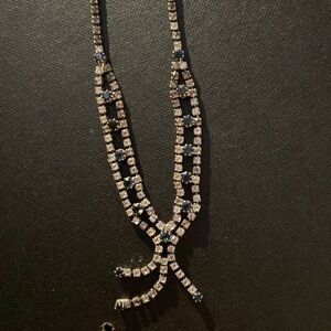 Vintage Blue/Clear Rhinestone Sautoir Necklace/Tassels.